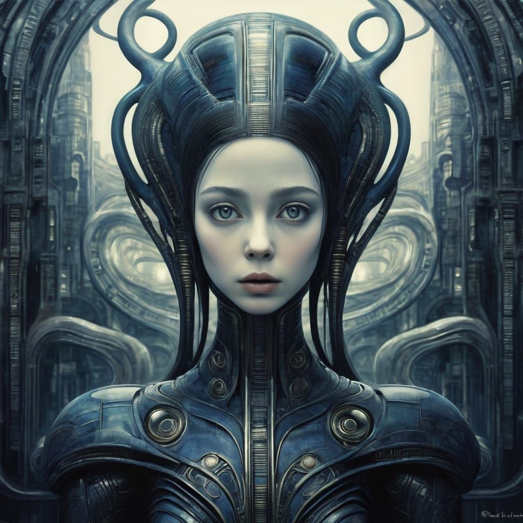 Biomechanical Elegance in Giger and Klimt Style
