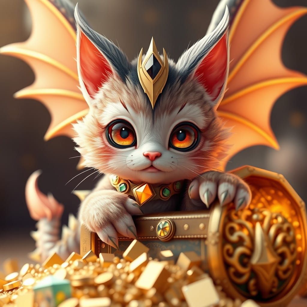 Dragon Cat Unfurls Amidst Glittering Treasure Hoard
