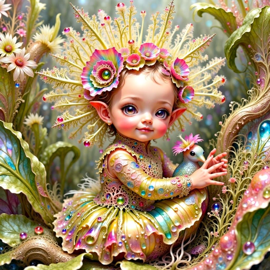Adorable Fractal Elven Baby in Floral Costume