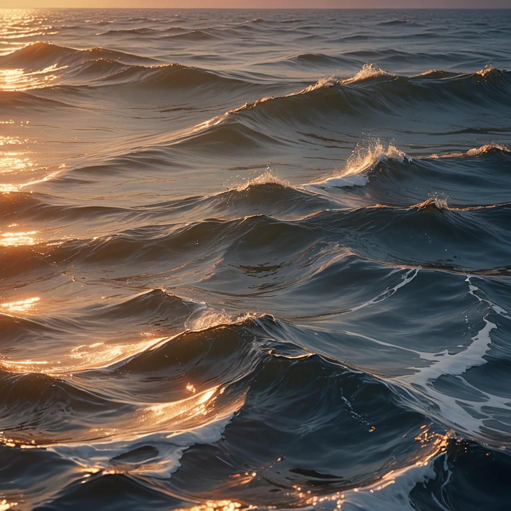 Serene Sunset Over Ocean with LED-Lit Waves