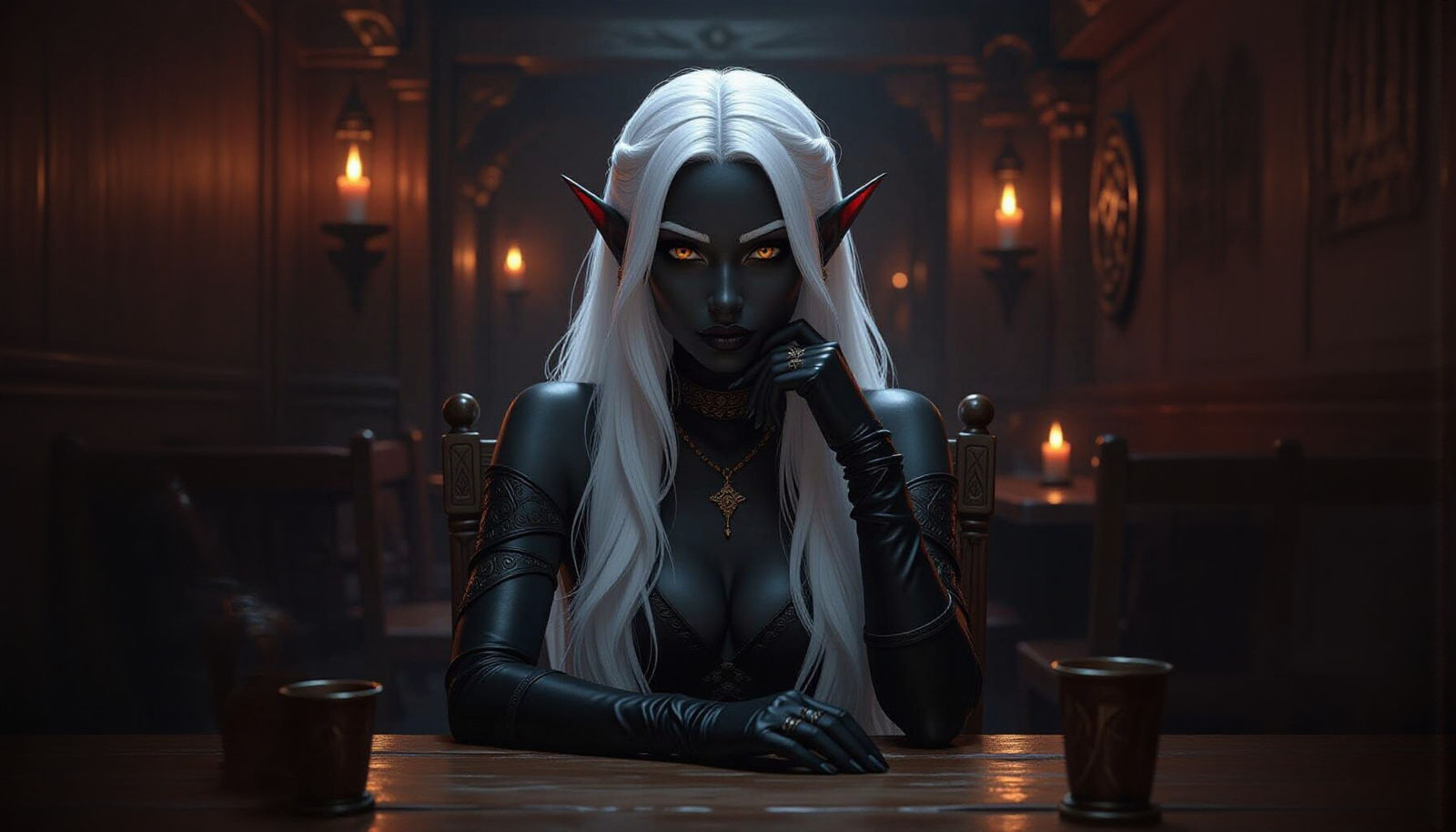 Drow Beauty in Dimly Lit Fantasy Bar
