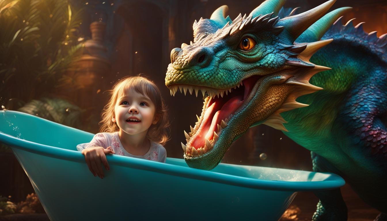 Girl Bathing Dragon: Hyperrealistic Digital Art