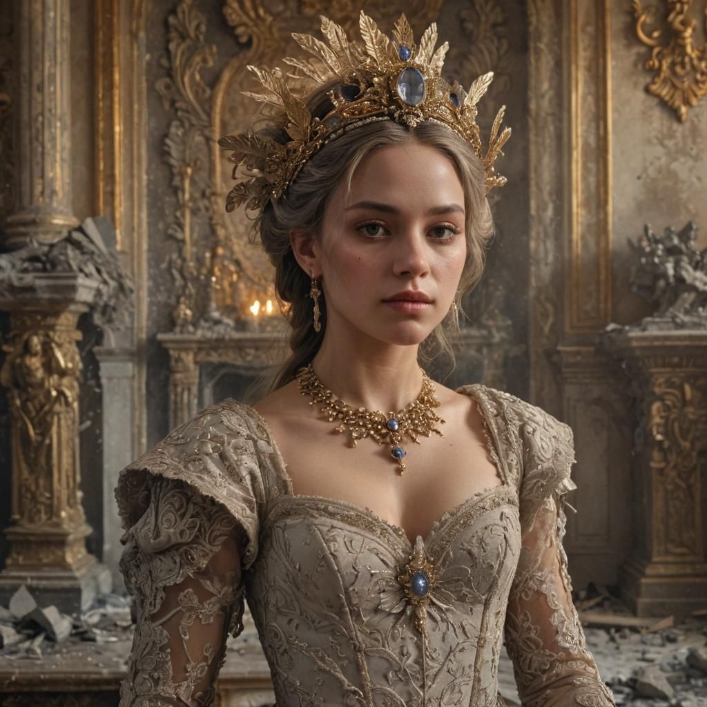 Baroque Woman in a Destroyed Room: Hyperrealistic Close-Up