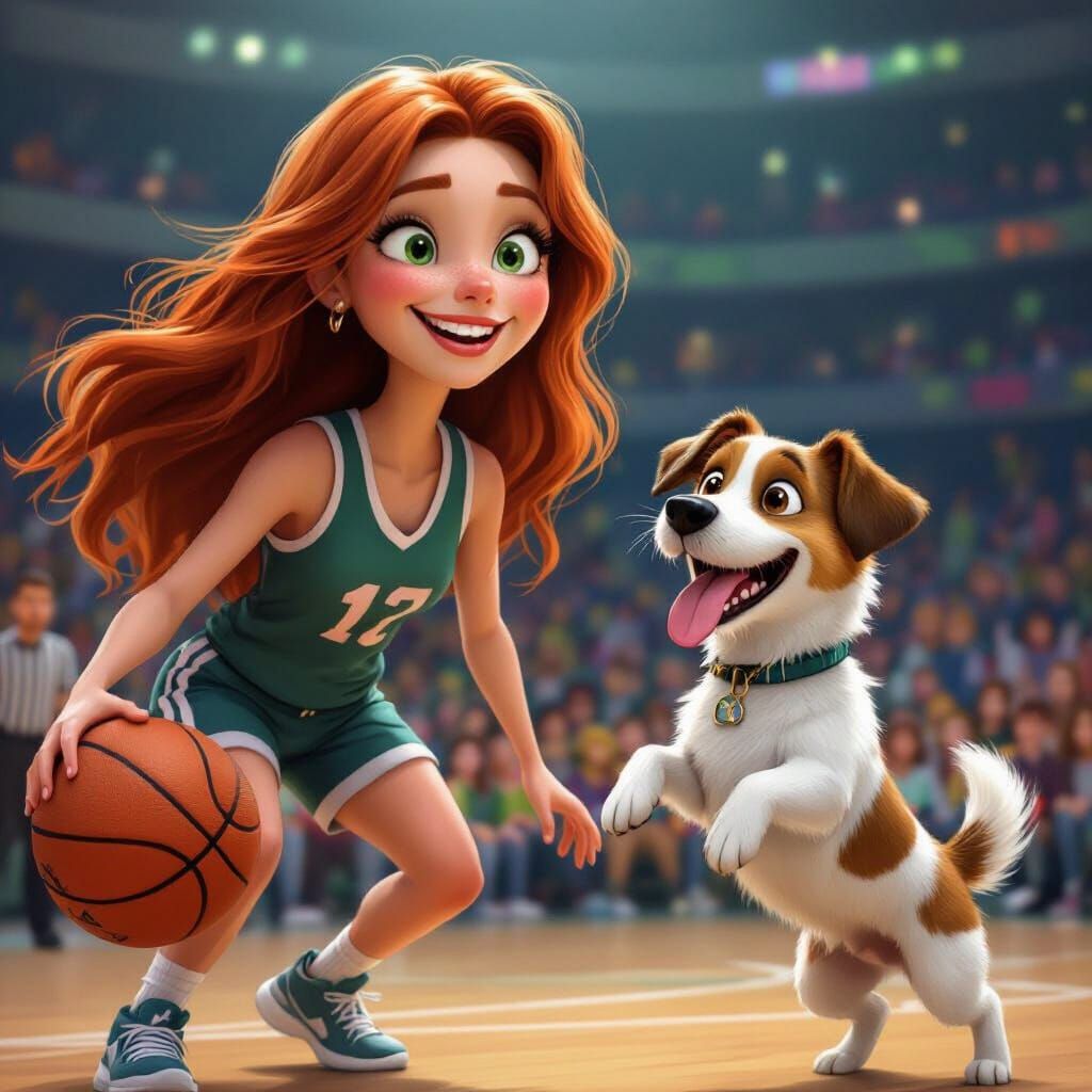 Woman and Dog Play Basketball in Crowded Stadium
