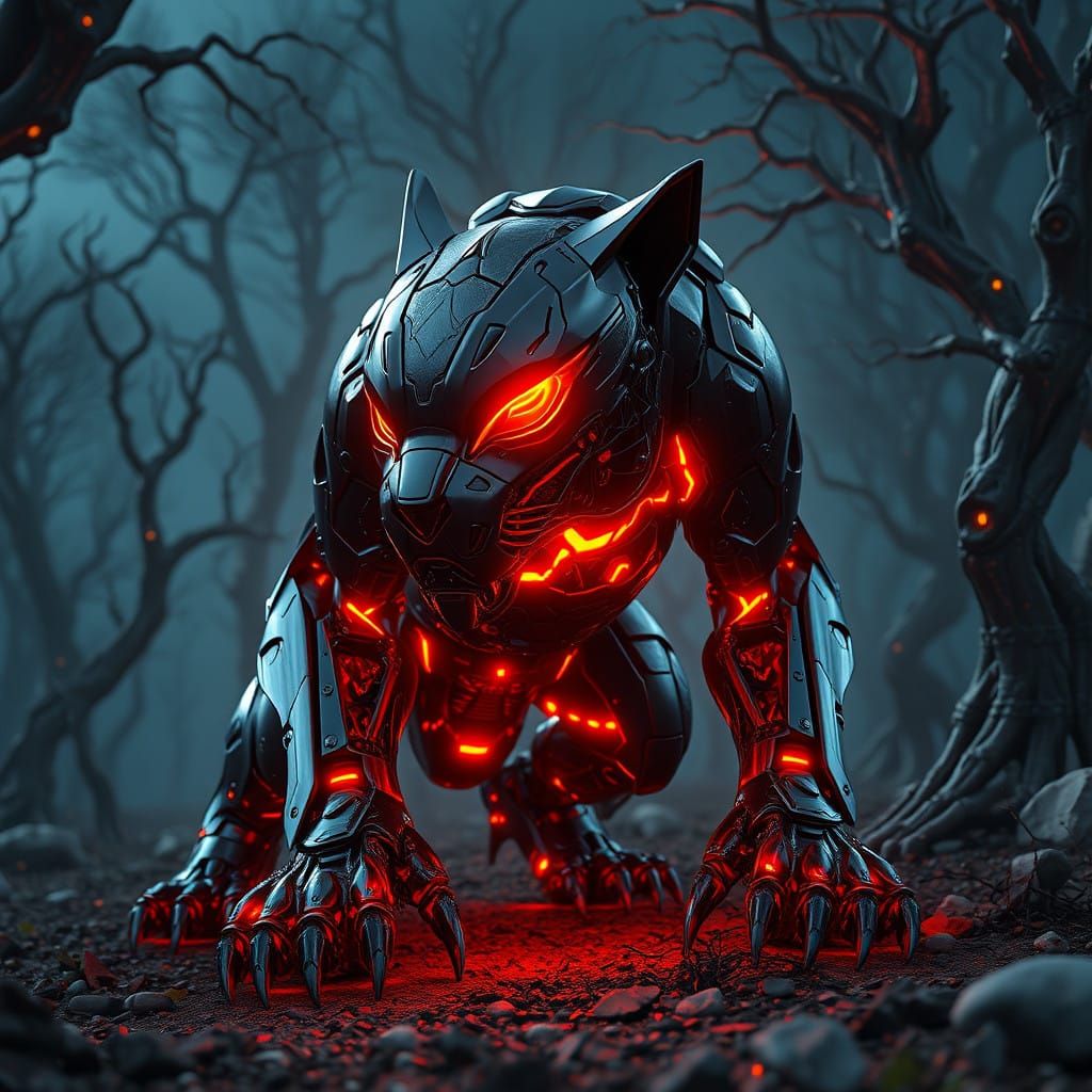 Metallic Black Panther Robot in Cyberpunk Style