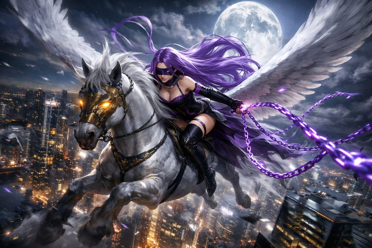 Medusa Rides Pegasus Over City at Night