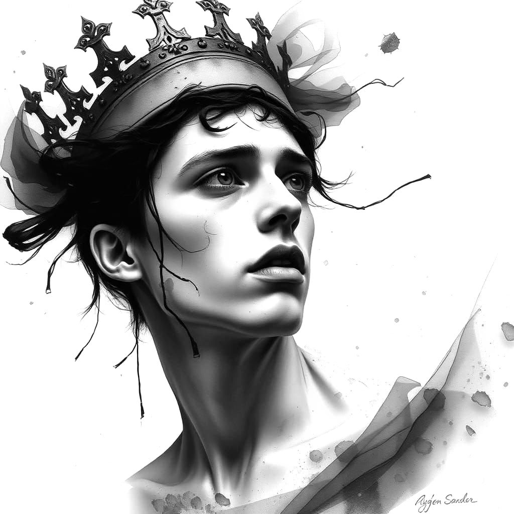 Ethereal Portrait of a Crowned Vagrant in Watercolor