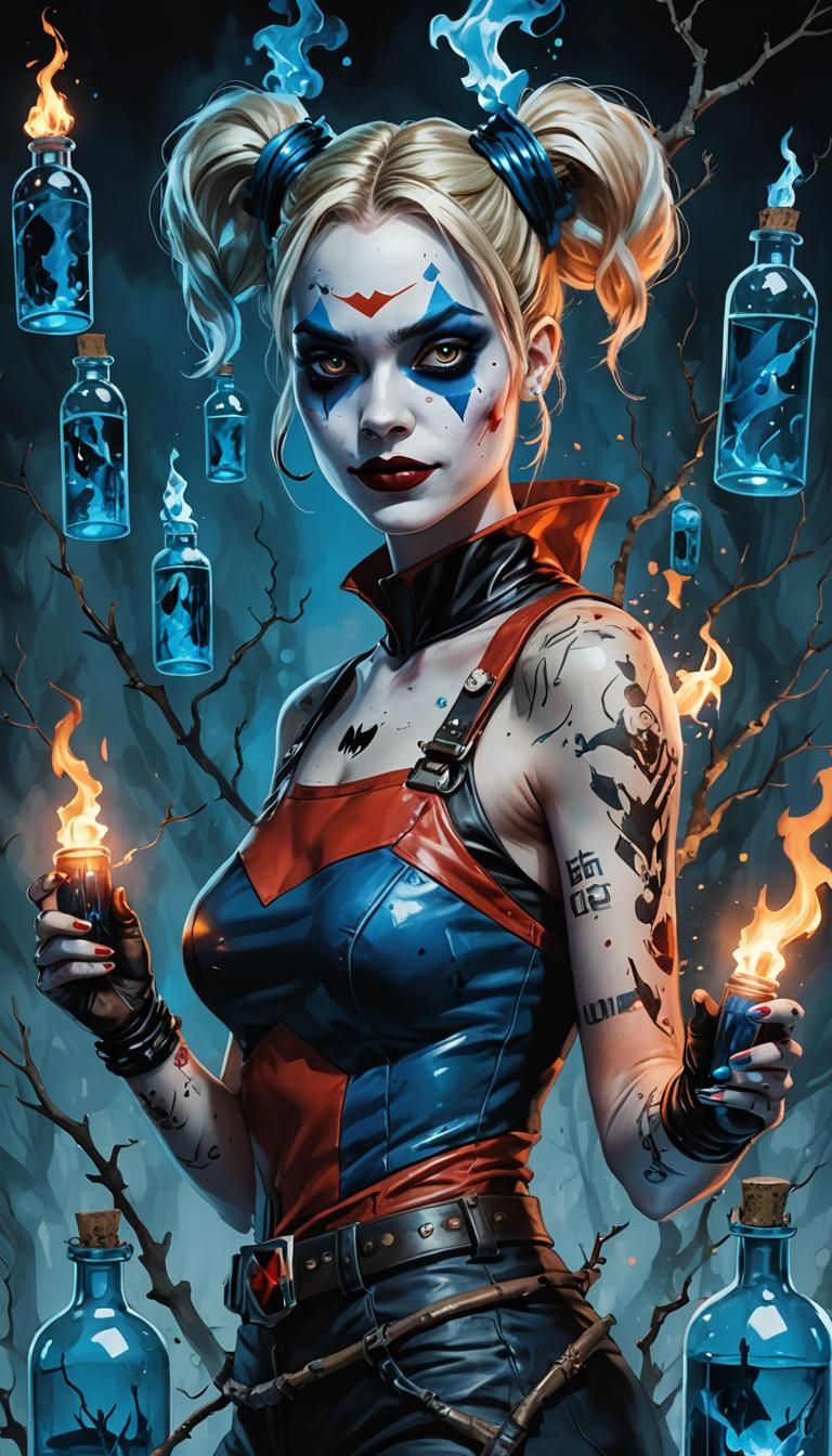 Harley Quinn: Silver-Haired Witch in Moody Blue Fire