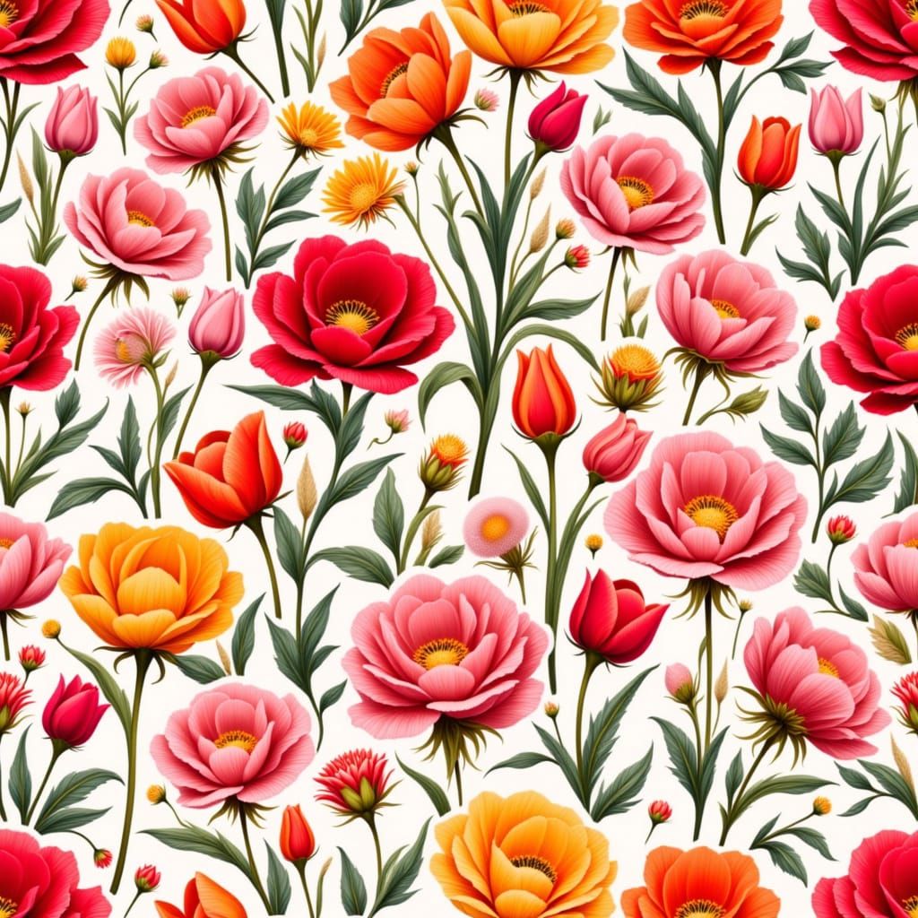 Vibrant Floral Wallpaper Print with Roses and Tulips