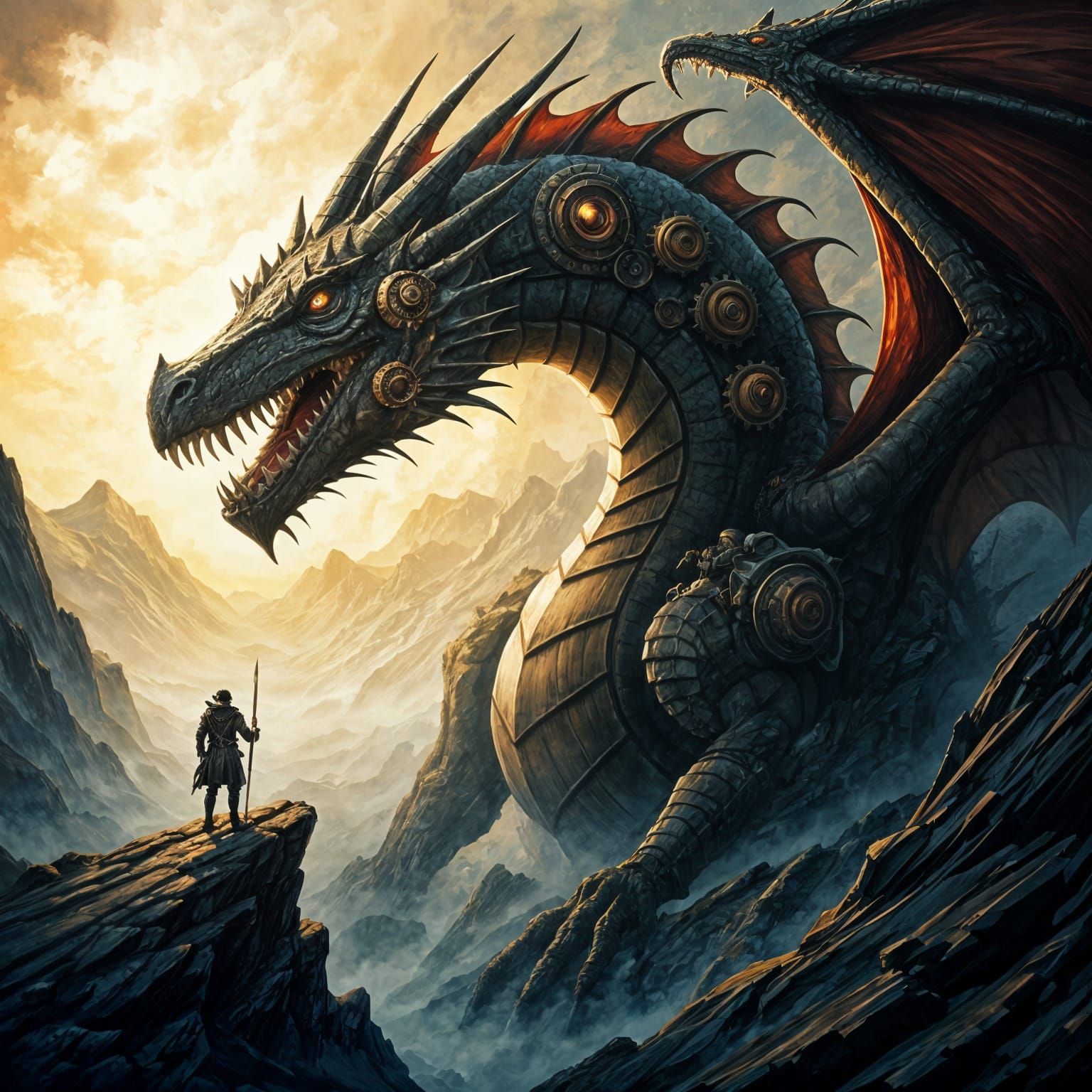 A Neo-Impressionist Steampunk Dragon Lords Over a Brave Warr...