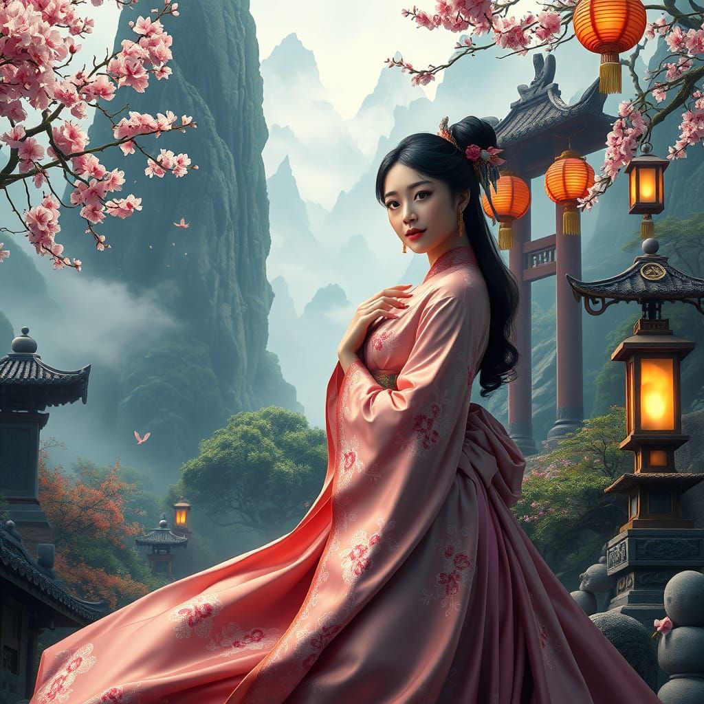 Regal Asian Goddess in Dreamlike Landscape