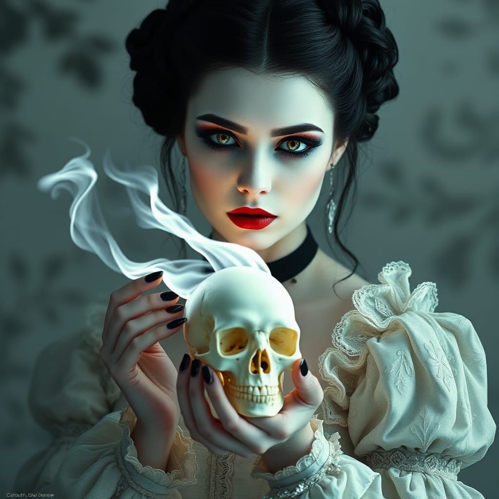 Gothic Woman with Flaming Skull in Ethereal Mist