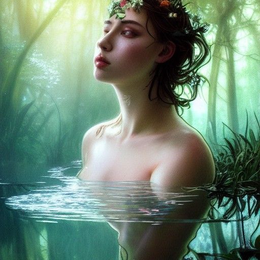 Water Nymph in Flowery Forest, Art Nouveau Portrait
