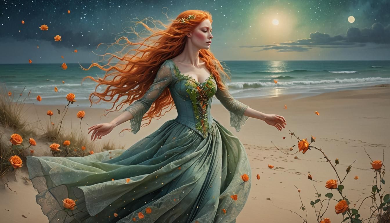 Mythical Woman on Sandy Beach in Surreal Style