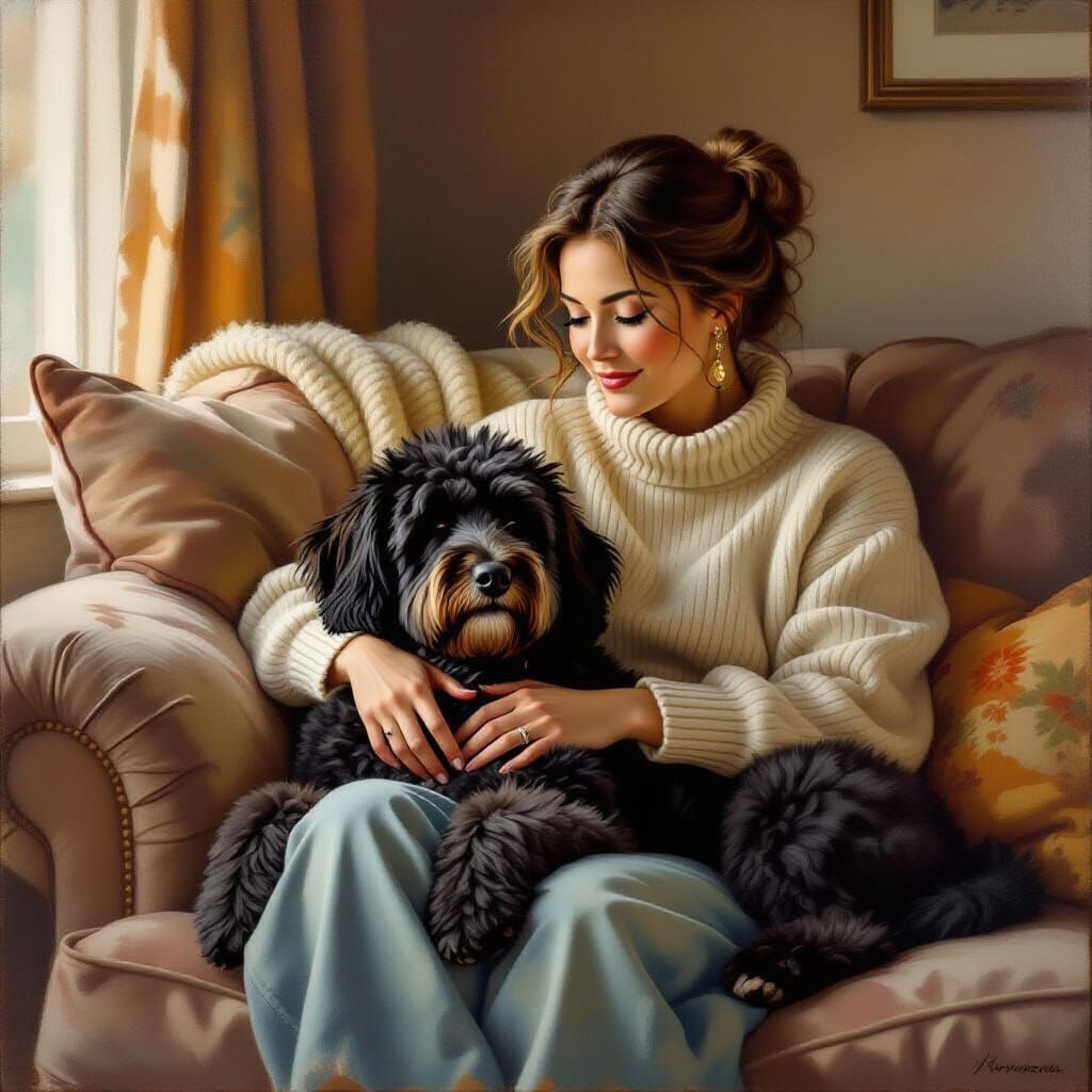Woman and Labradoodle Relaxing on Sofa