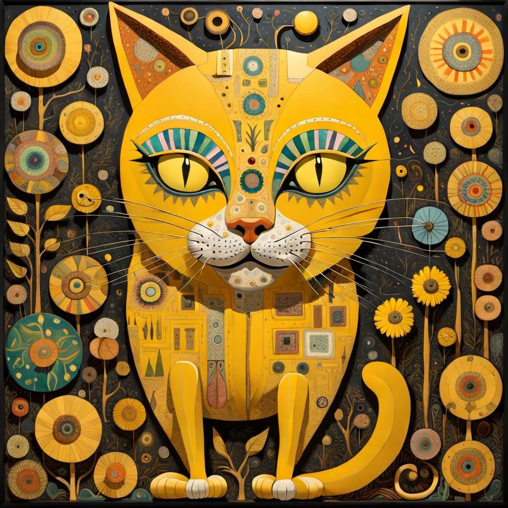 Whimsical Giant Yellow Cat in Outsider Art Style