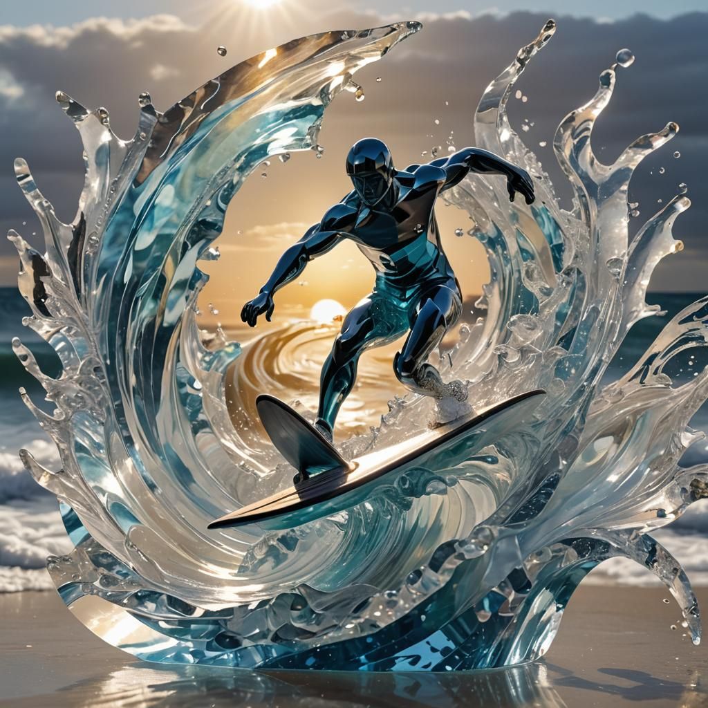Crystal Sculpture of Surfer on Ocean Wave