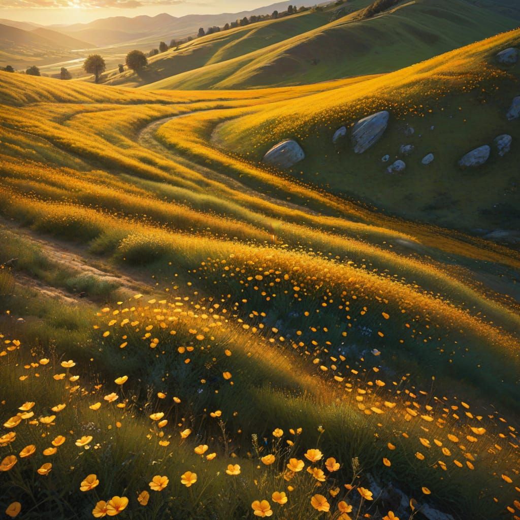 Golden Flower Field in Surreal Oil Painting Style