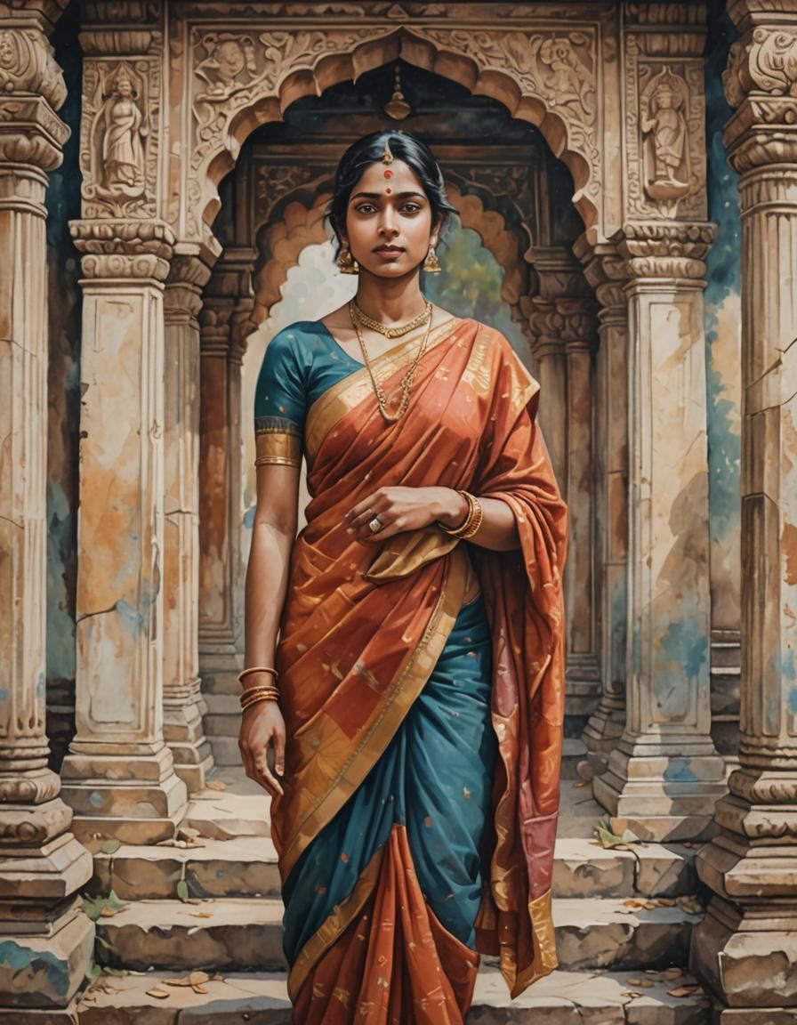 Indian Woman in Saree: Fresco-Style Temple Scene
