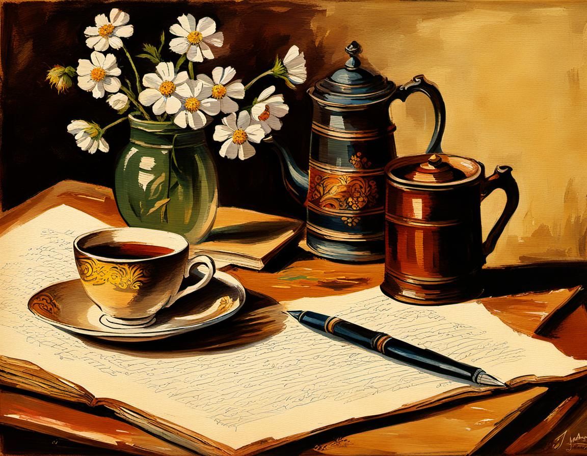 Vintage Writing Scene in Oil Painting Style