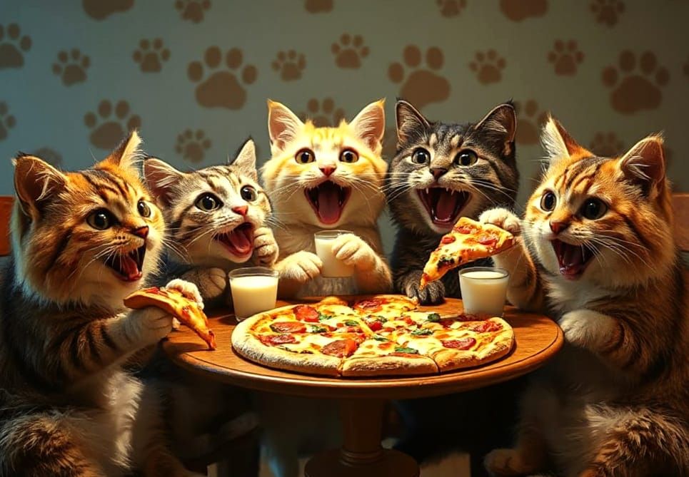 Cats' Whimsical Pizza Party, Detailed CGI Render