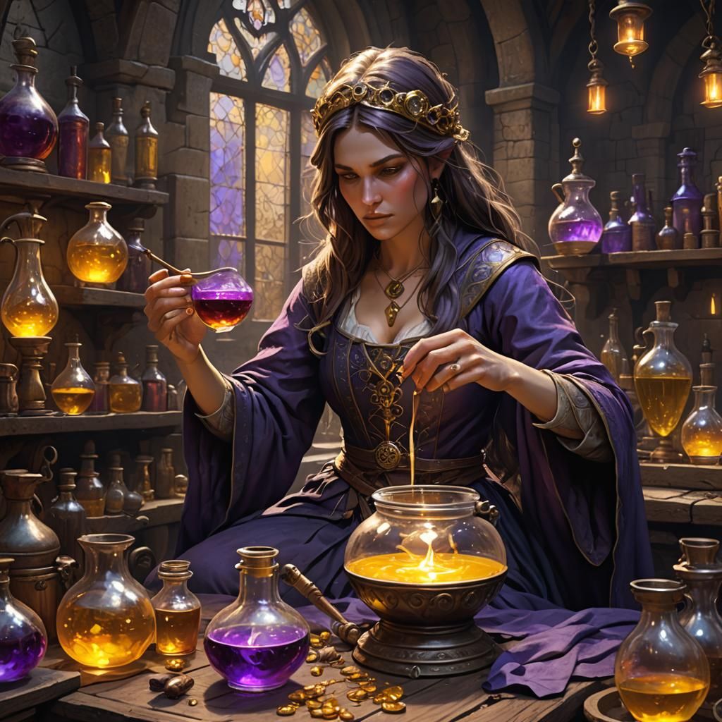 Medieval Sorceress Prepares Elixir, Dark Fantasy Art