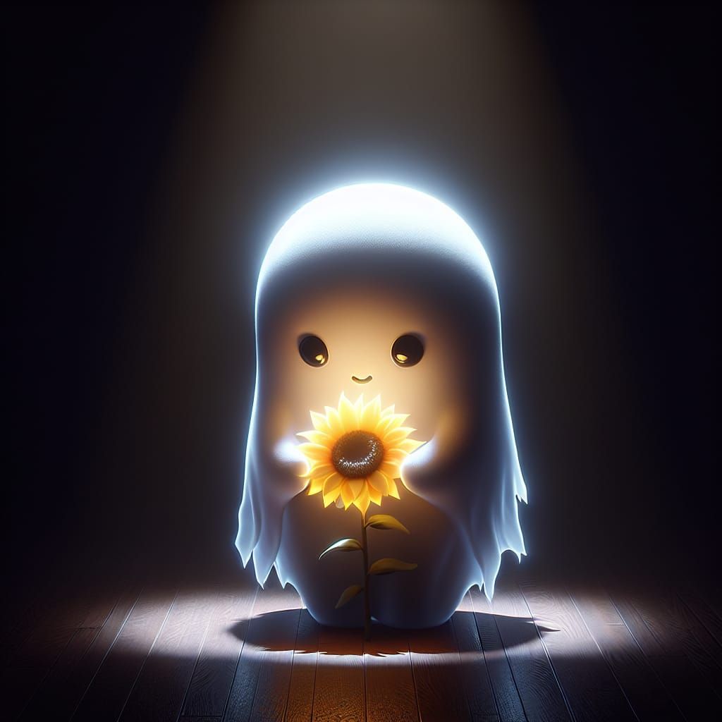 Cute Ghost Cradling Sunflower in Dark Room