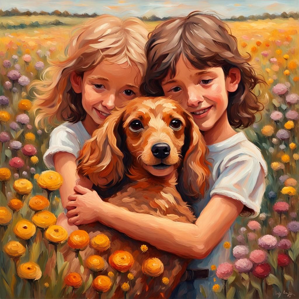 Children with Dachshund in Flower Field, as Impasto Painting