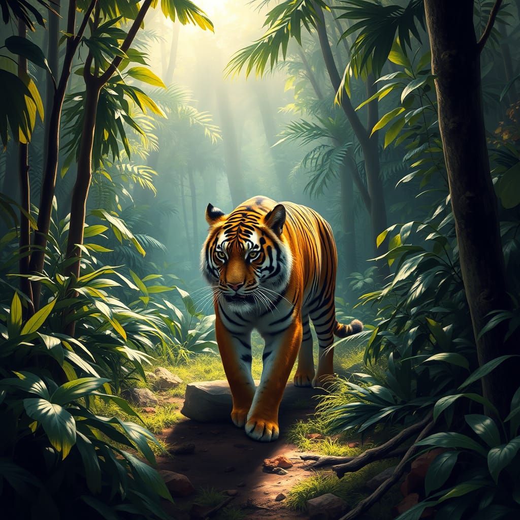Majestic Javan Tiger Roams Indonesian Rainforest