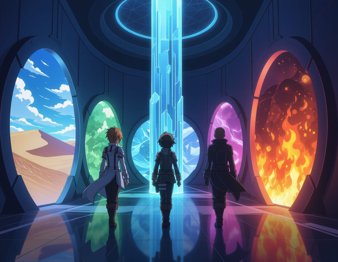Anime Characters Approach Glowing Portals in Sword Art Onlin...