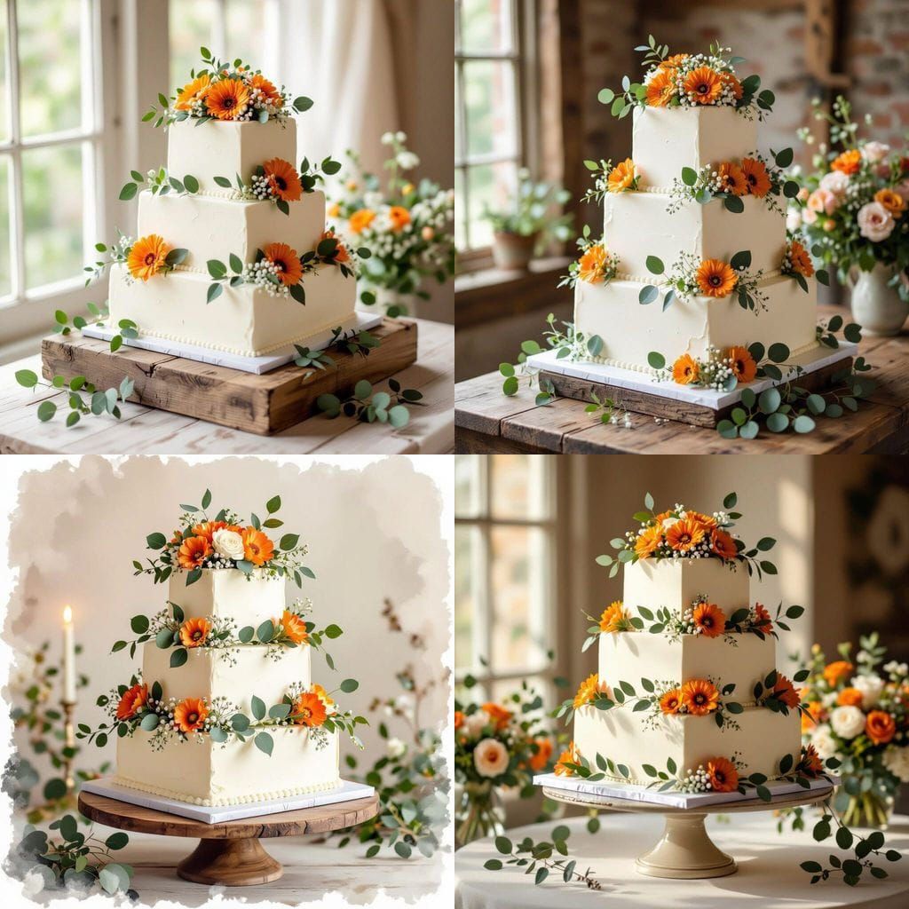 Elegant Wedding Cake with Eucalyptus and Orange Flowers