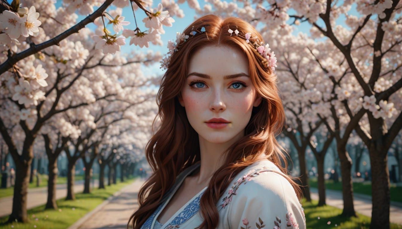 Auburn-Haired Woman with Cherry Blossoms in 3D Render