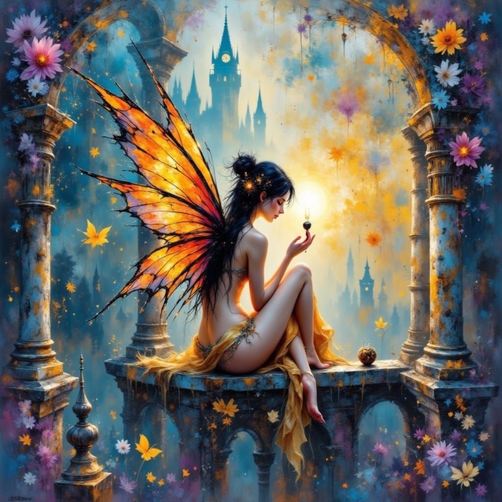 Gothic Fairy on Ancient Tower as Acrylic Painting