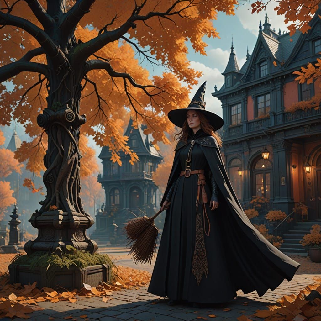 Confident Witch in Autumn Setting - Cyberpunk Fantasy Concep...