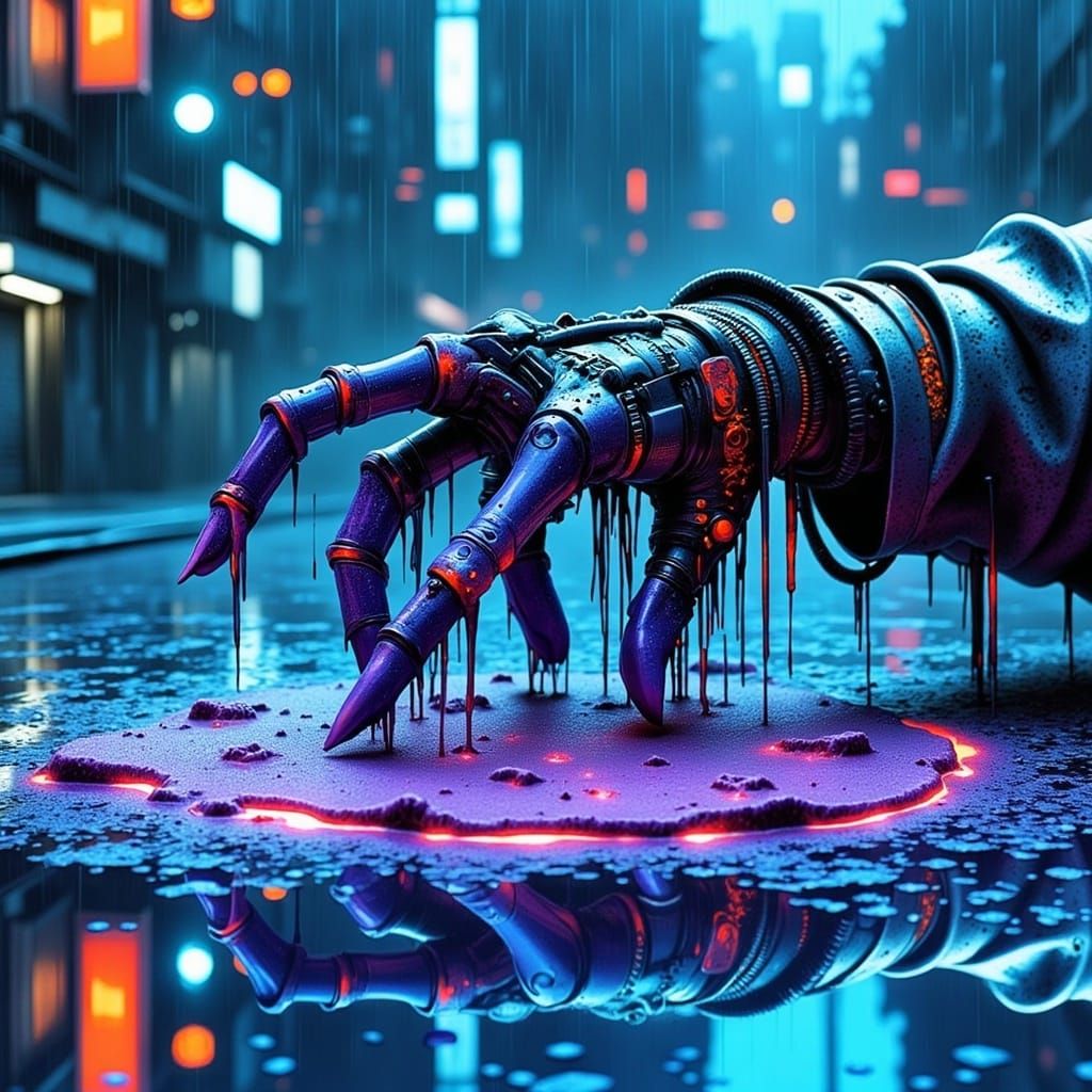Cyberpunk Industrial Hand Reaches from Molten Glass