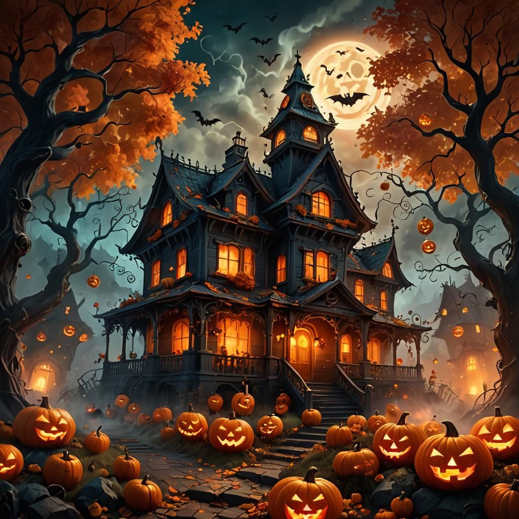 Haunted House with Ghosts and Witches, Matte Painting