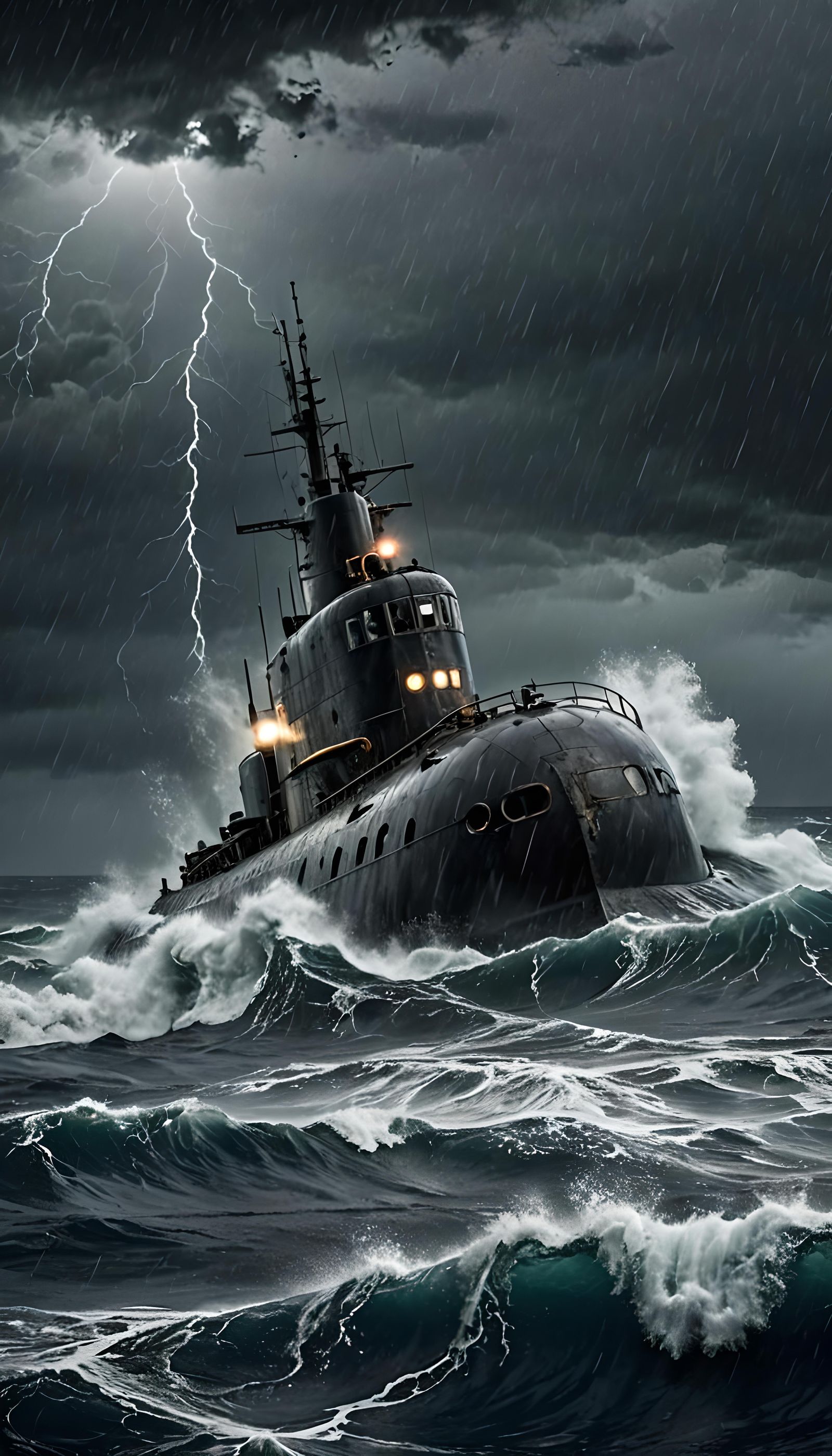 Eerie Submarine Battles Stormy Ocean at Night