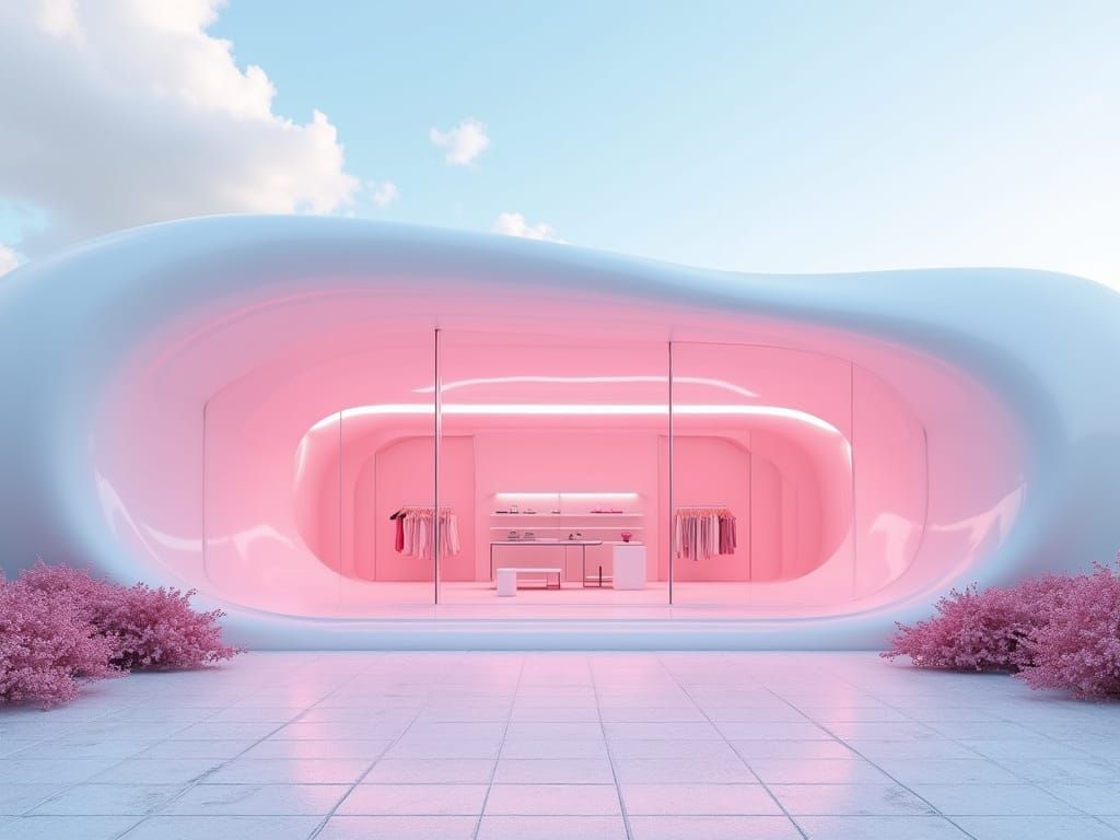 Futuristic White Boutique with Pink Neon Lights