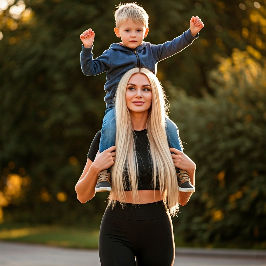 Woman Carries Boy on Shoulders in Golden Hour Light