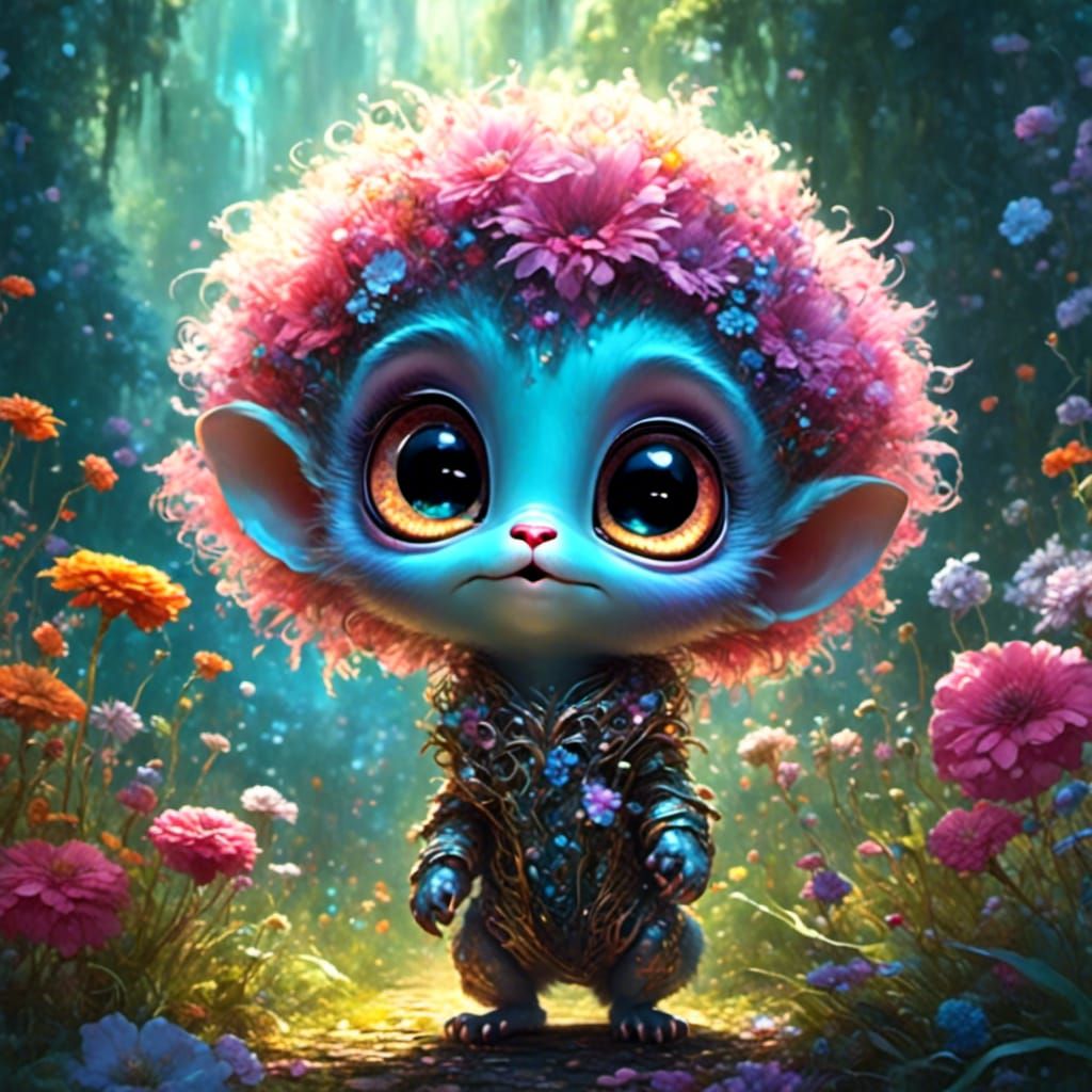 Cute Alien Creature in Colorful Garden