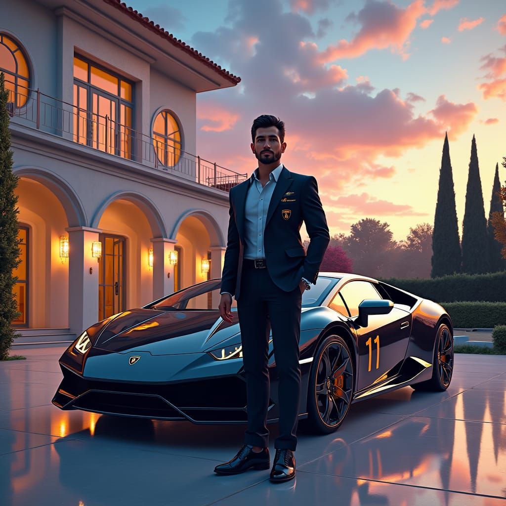Luxury Lifestyle: Man with Mansion and Lamborghini