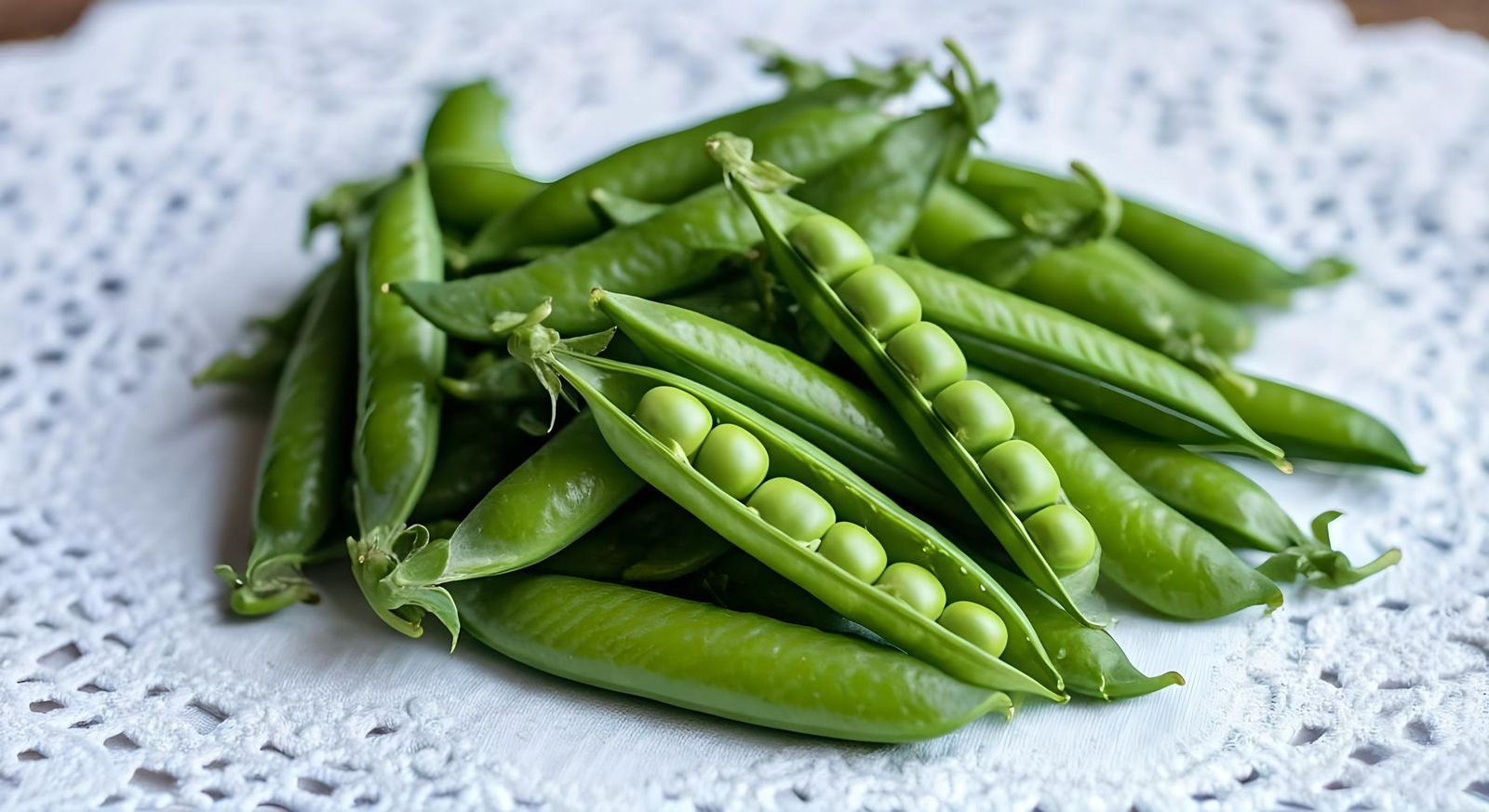 Fresh Green Peas on Openwork Napkin