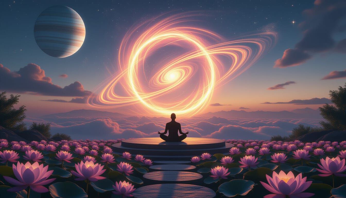 5D Meditation Sanctuary at Dawn with Cosmic Portal
