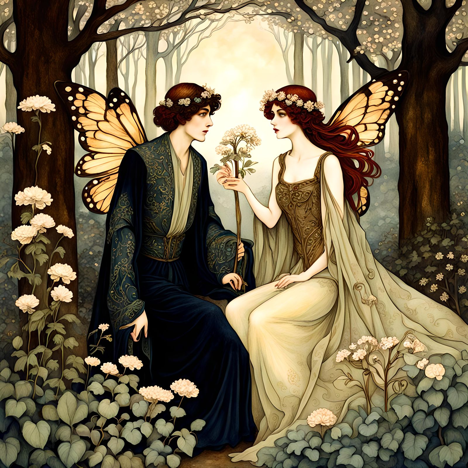 Beautiful clothed fantasy fairy couple, forest, flowers, mys...