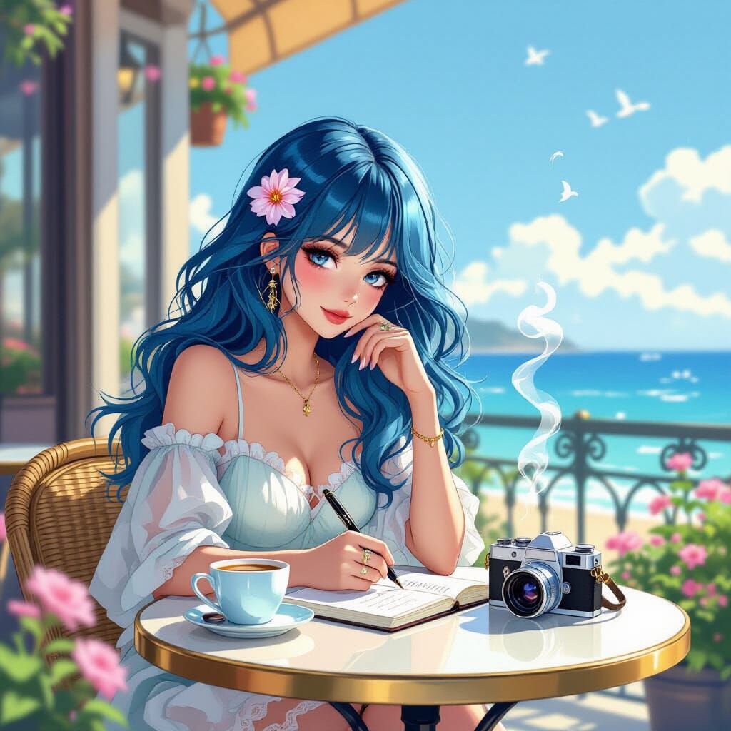 Blue Haired Woman Writes in Journal at Seaside Cafe