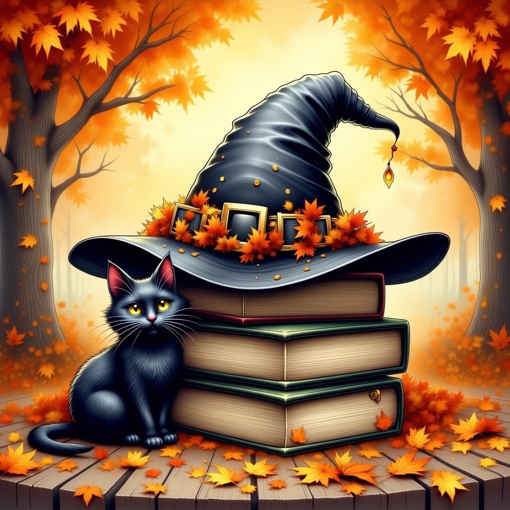 Whimsical Witch Hat and Cat in Clip-Art Style