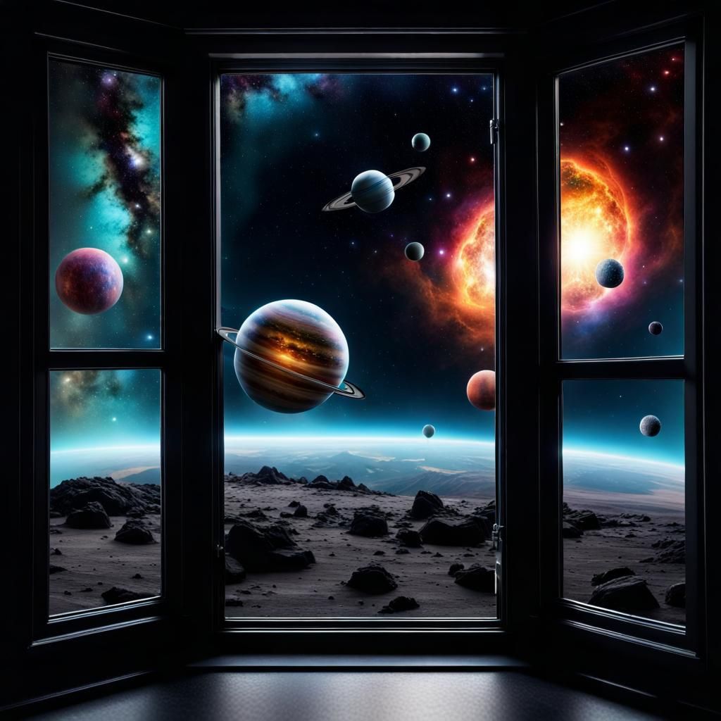 Planets, Stars, and Nebula Through a Window