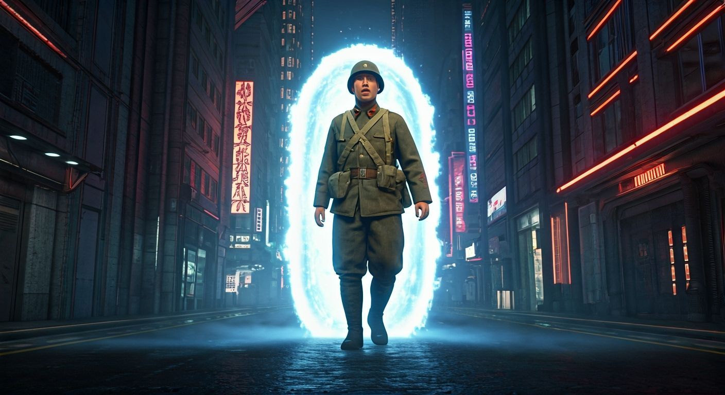 WWII Soldier in Neo-Tokyo Time Portal, Cyberpunk Style