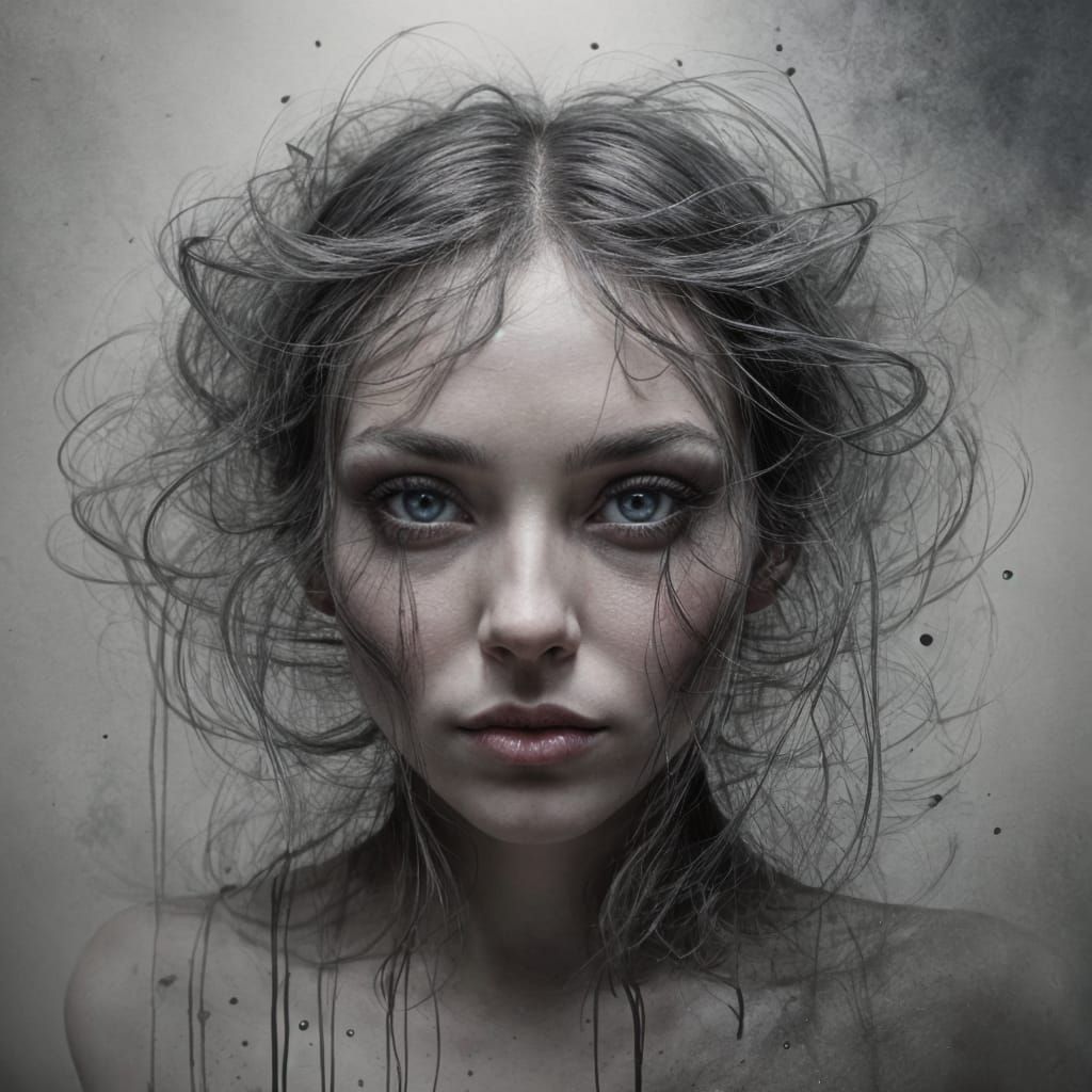 Inky Portrait with Circular Lines and Striking Eyes