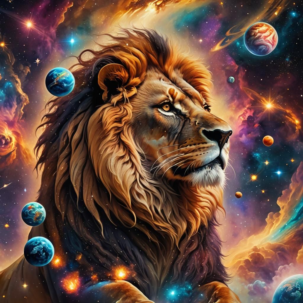 Cosmic Lion in Galaxy, Surrealist Art